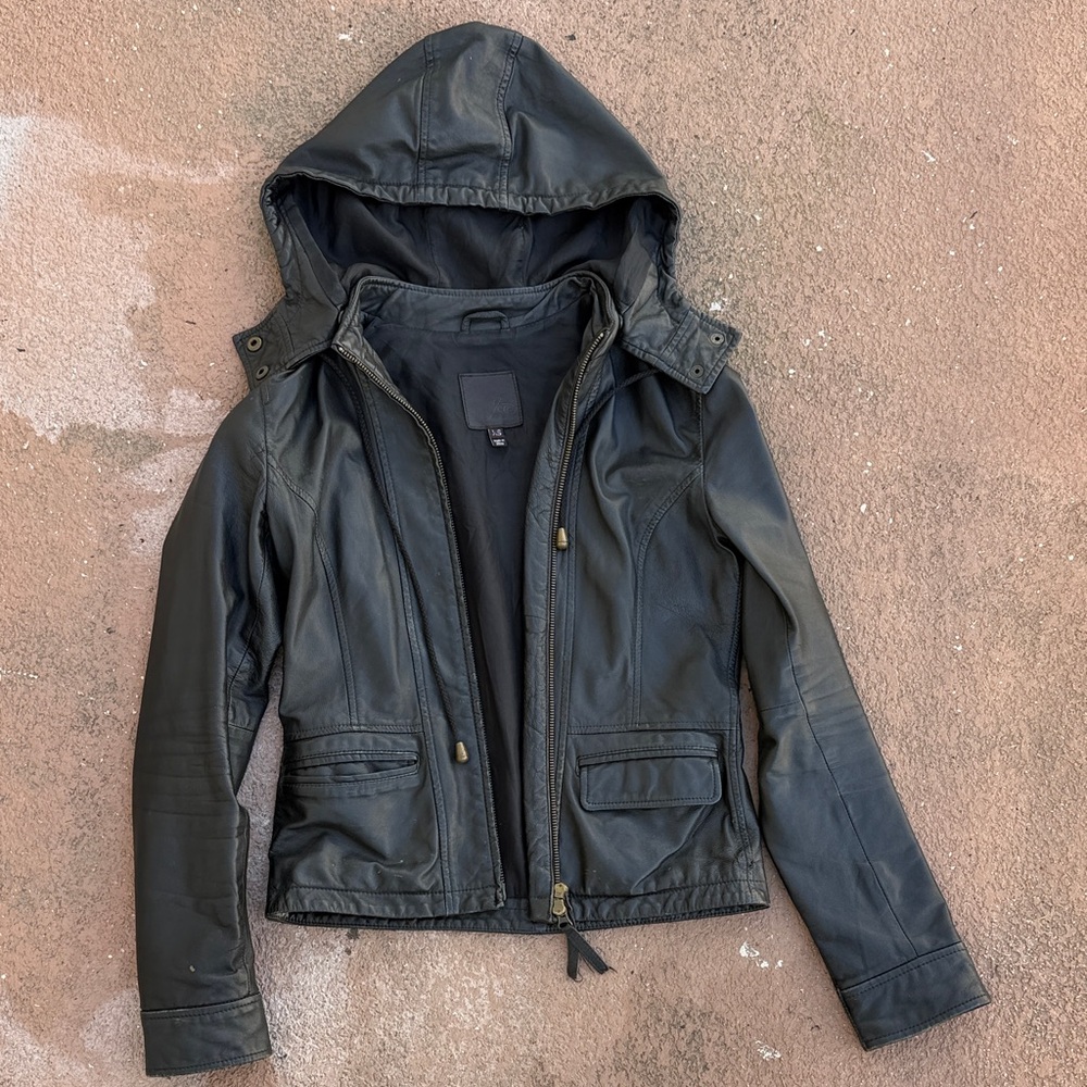 Joie Black Hooded Lambskin Leather Moto Jacket size Xs
